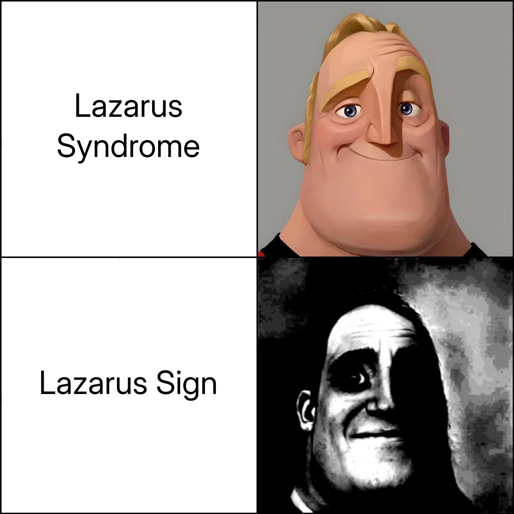 A Mr. Incredible Becoming Uncanny meme. Smilling Mr. Incredible: Lazarus syndrome; Uncanny Mr. Incredible: Lazarus sign
