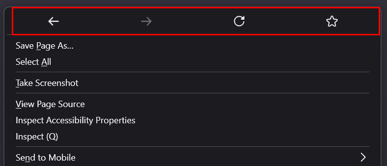 Screenshot of the top of the right-click context menu in Firefox, with the navigation buttons (Back, Forward, Reload and Bookmark) highlighted