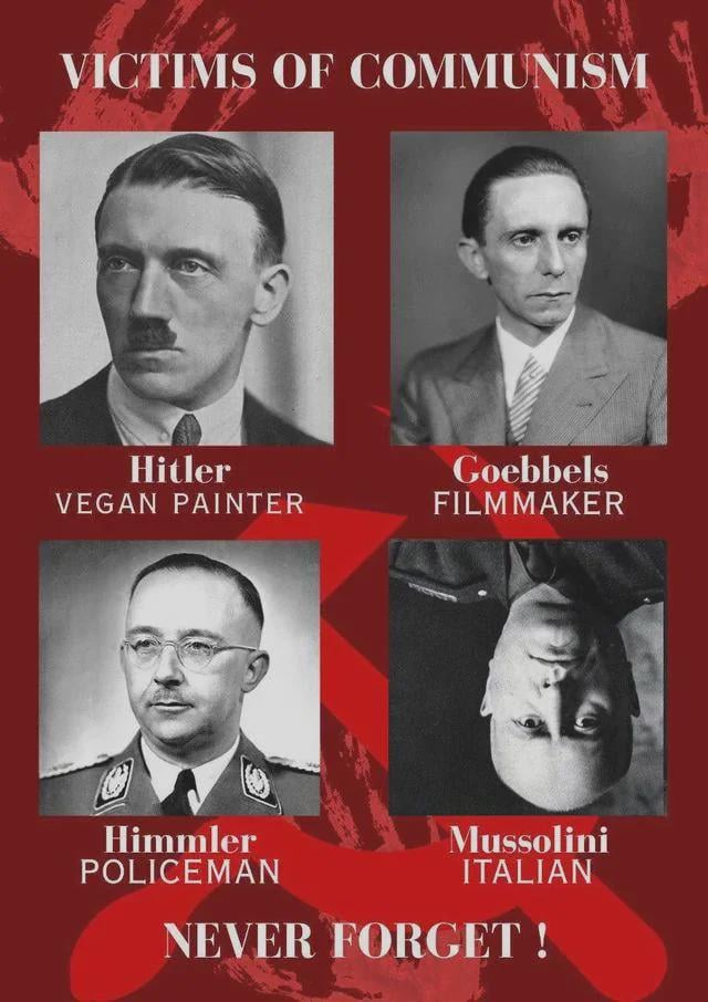 Satiric meme picture with the title 'Victims of Communism' with the portraits of the following in a 2x2 placement:    
1. Hitler, described as Vegan painter  
2. Goebbels, described as Film maker  
3. Himmler, described as Policeman  
4. Mussolini(picture flipped upside-down), described as Italian  

The meme hints at how the Victims of Communism Memorial was filled with Nazi collaborators.