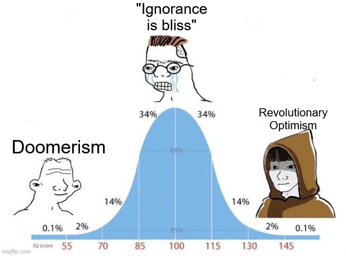 Bell curve IQ meme. Low end: a blank-faced wojak labeled 'Doomerism.' Middle: a crying, teeth-clenched wojak with glasses and orange hair labeled 'Ignorance is bliss.' High end: a hooded, stern-looking figure labeled 'Revolutionary Optimism.'
