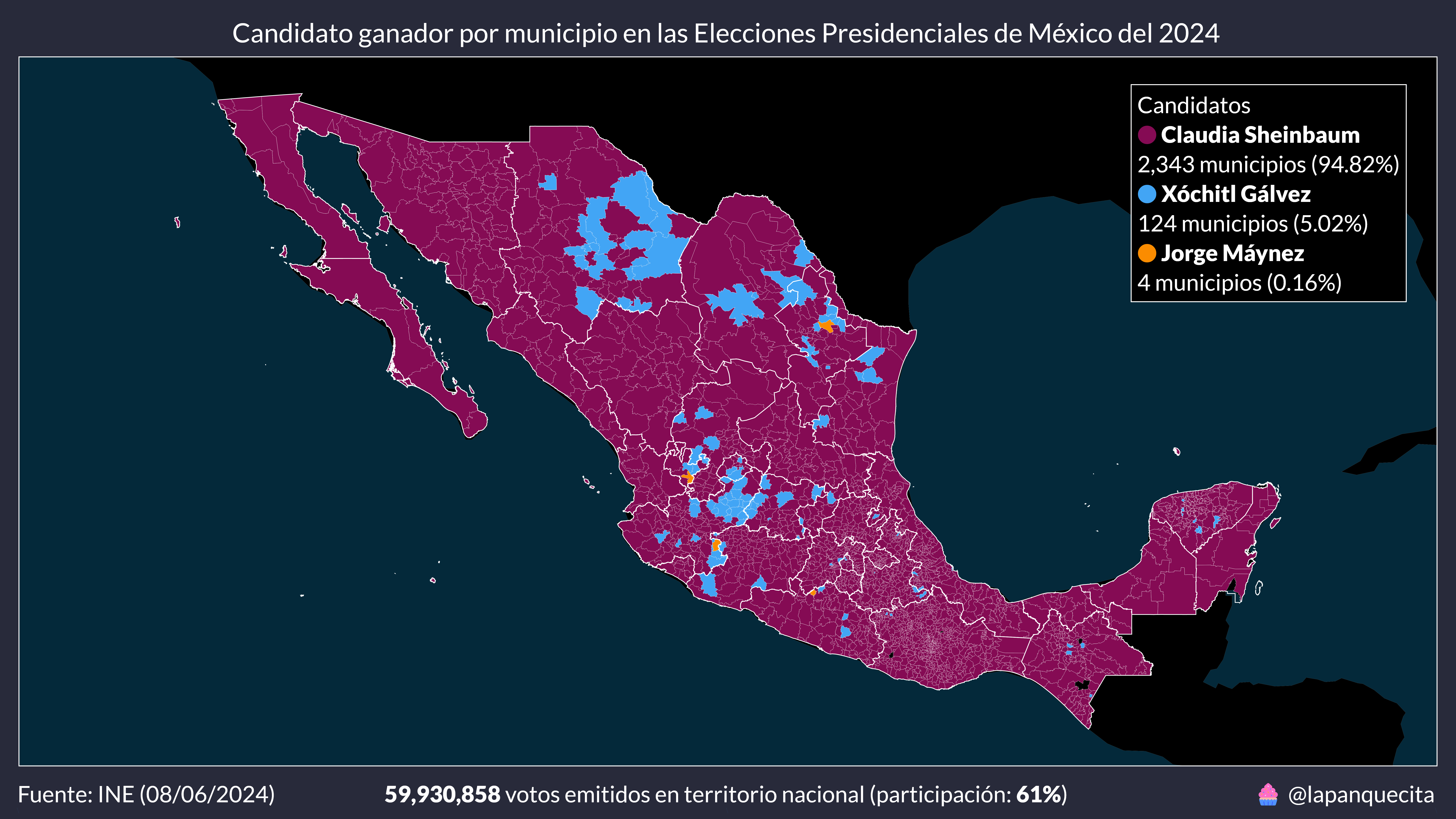 Candidato ganador por municipio en las Elecciones Presidenciales de México del 2024