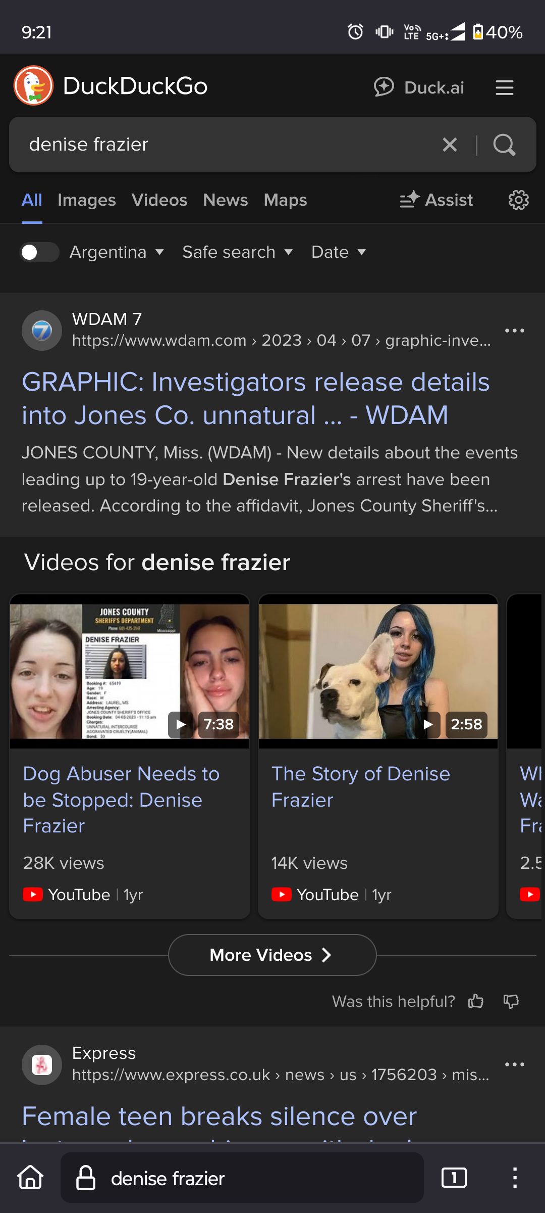 screenshot of search term "denise frazier" on duckduckgo