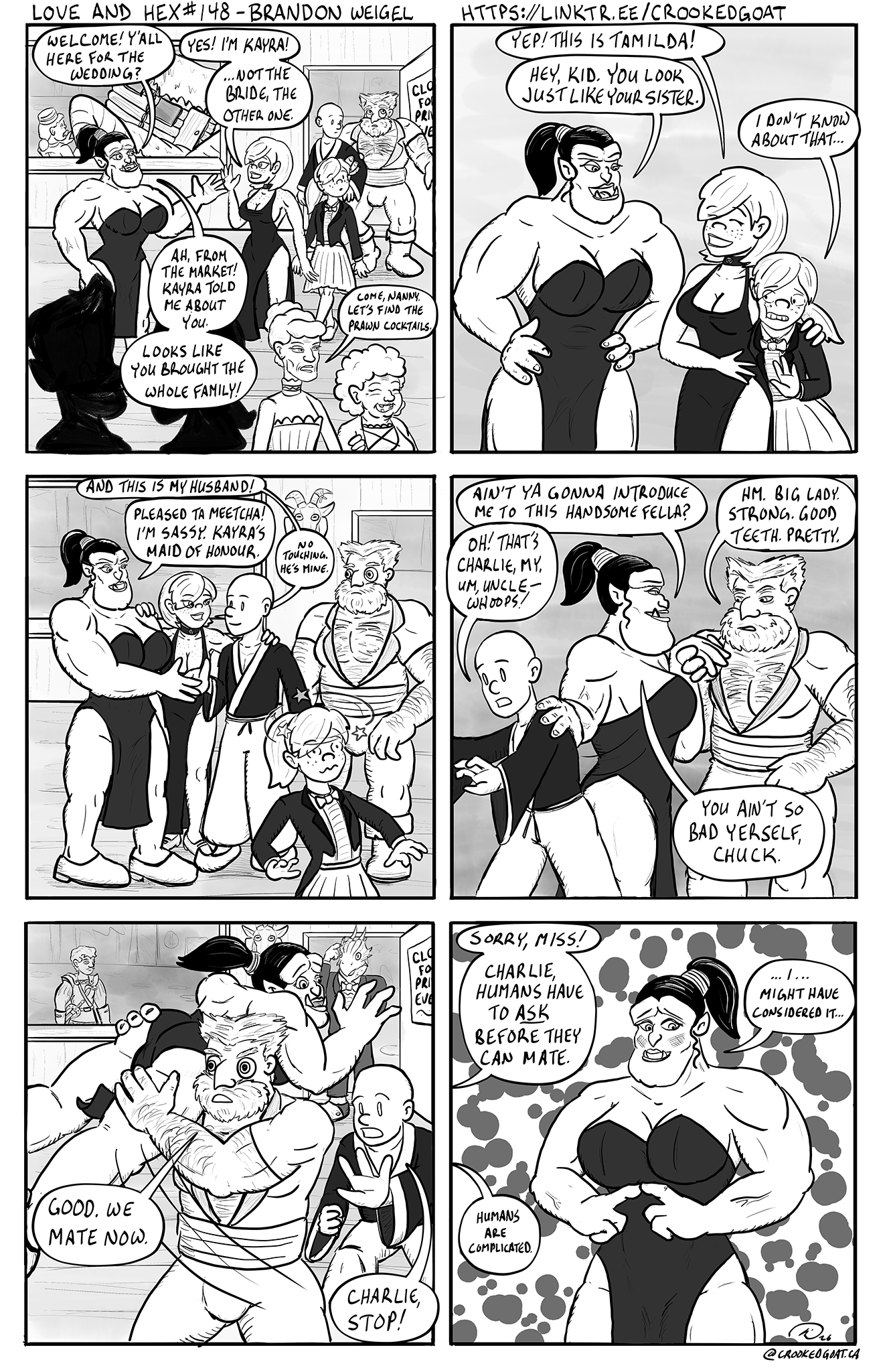 Page 148 from the comic Love and Hex. Full transcript: https://crookedgoat.ca/comic/148/#comic-page  Charlie is introduced into society.