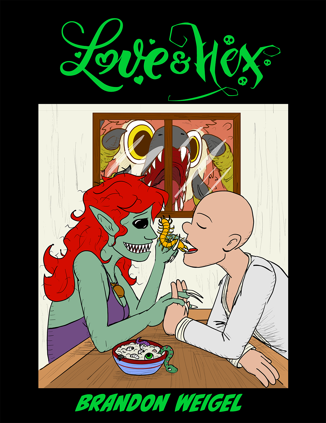 The cover of Love and Hex Volume 1, depicting Kayra feeding Singing Cricket a centipede, with Charlie in the background, his face pressed against the window.