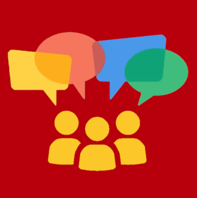 A low-detail clip-art illustration of multiple people with speech bubbles around them.